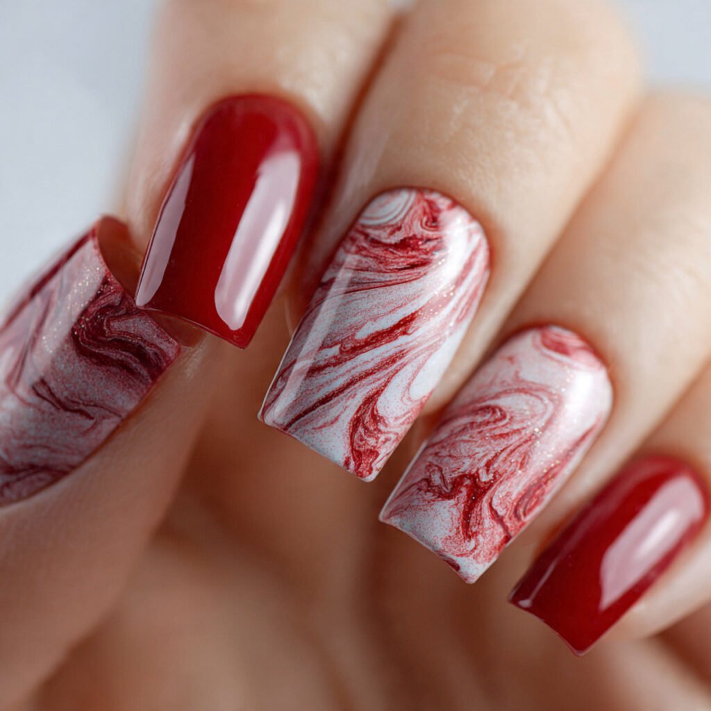 square nail art close up red marble texture on the