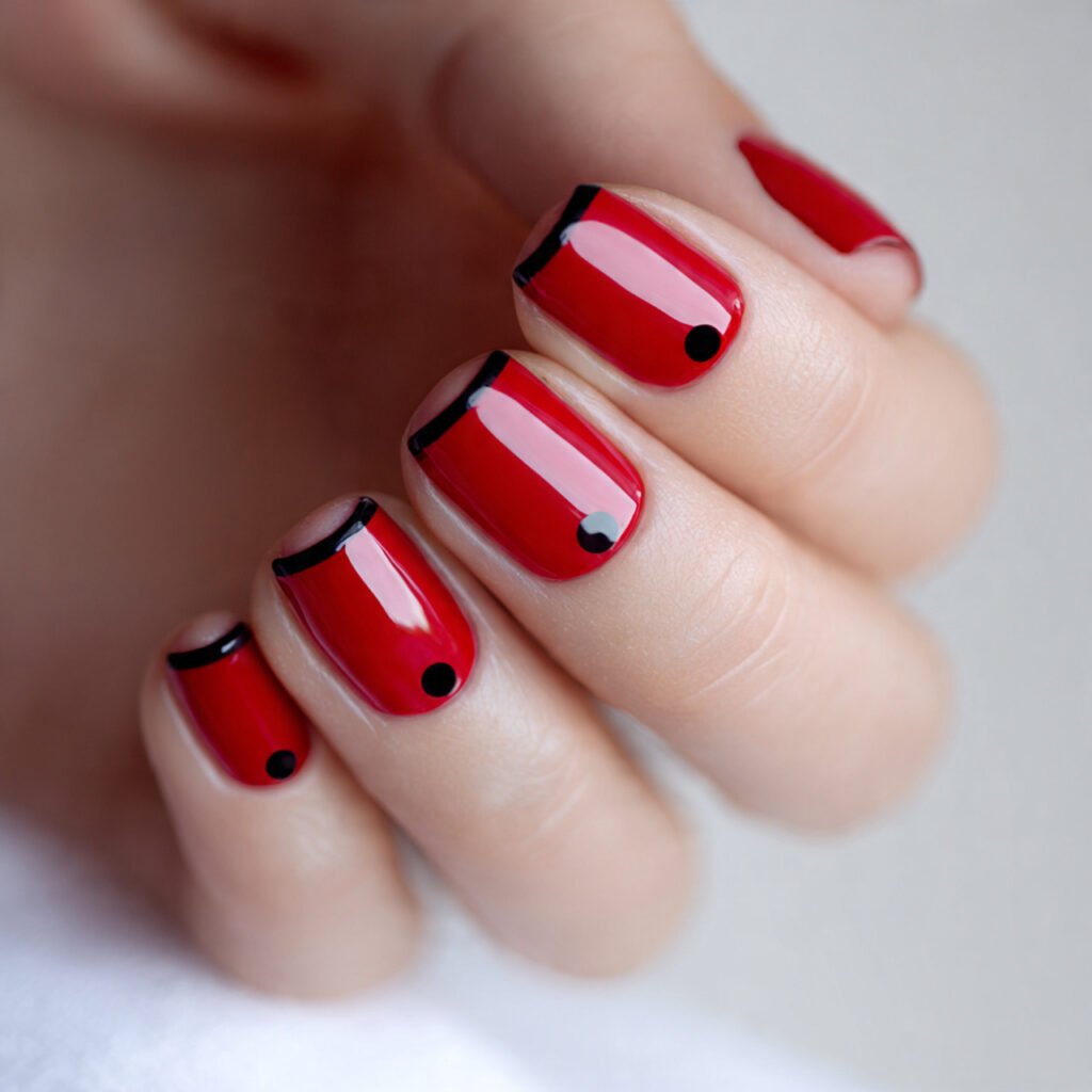 square nail art close up red tips with a single mi