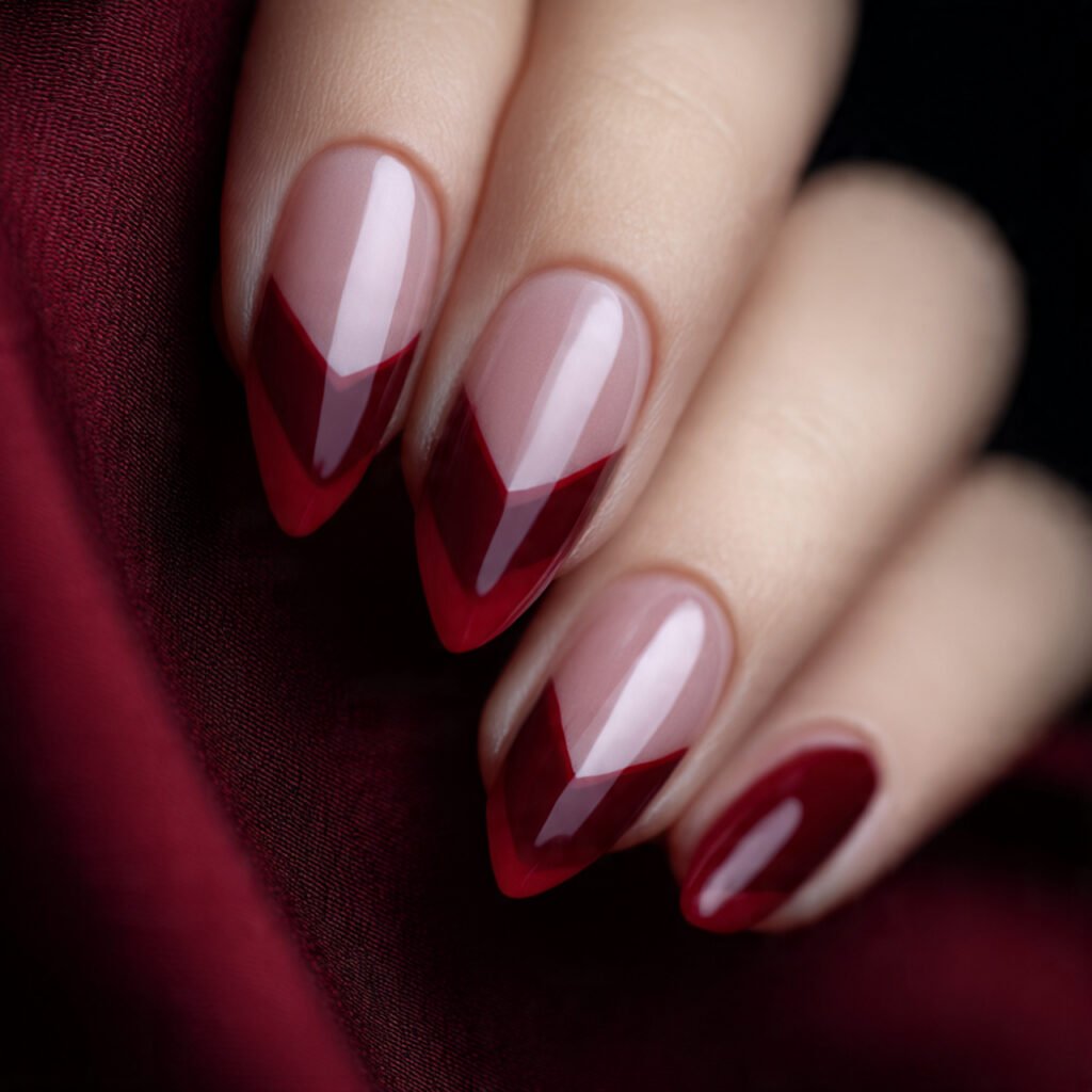 square nail art close up sharp v shape red french