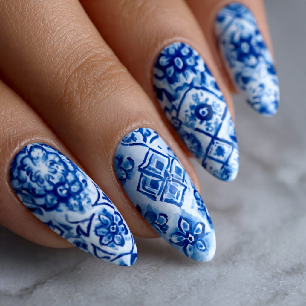 32 Top Blue and White Floral Nail Designs: Elegant Flower Art to Try 13 Mediterranean Tile Inspired Florals