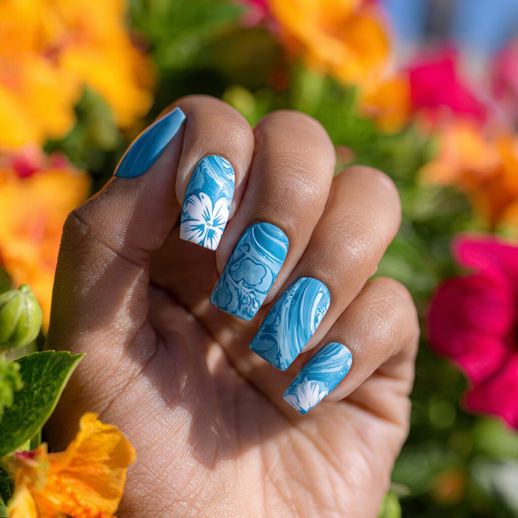 32 Top Blue and White Floral Nail Designs: Elegant Flower Art to Try 8 Tropical Hibiscus Blue Waves