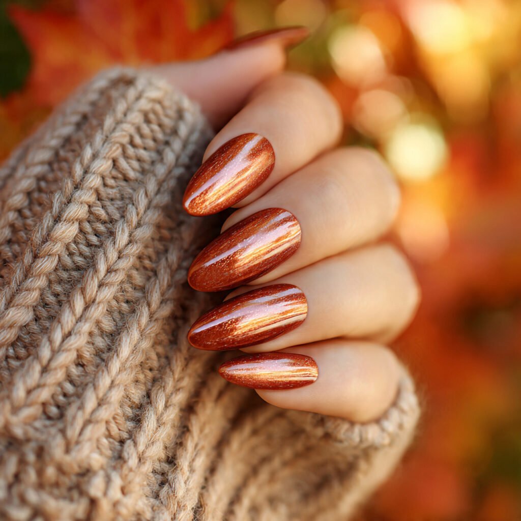 warm shimmering photograph of almond shaped nails