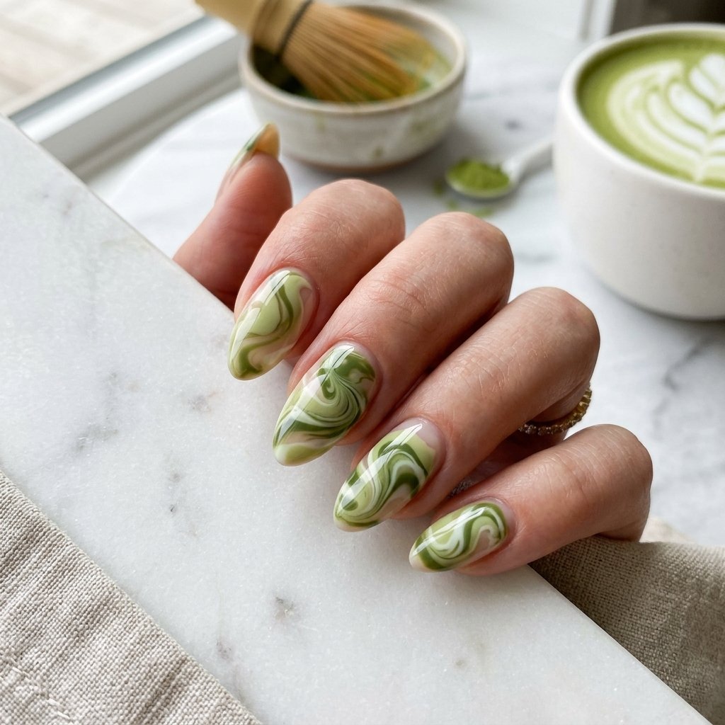 September Nails Art: 30 Elegant Early Autumn Looks 11 Matcha Latte Swirl Art