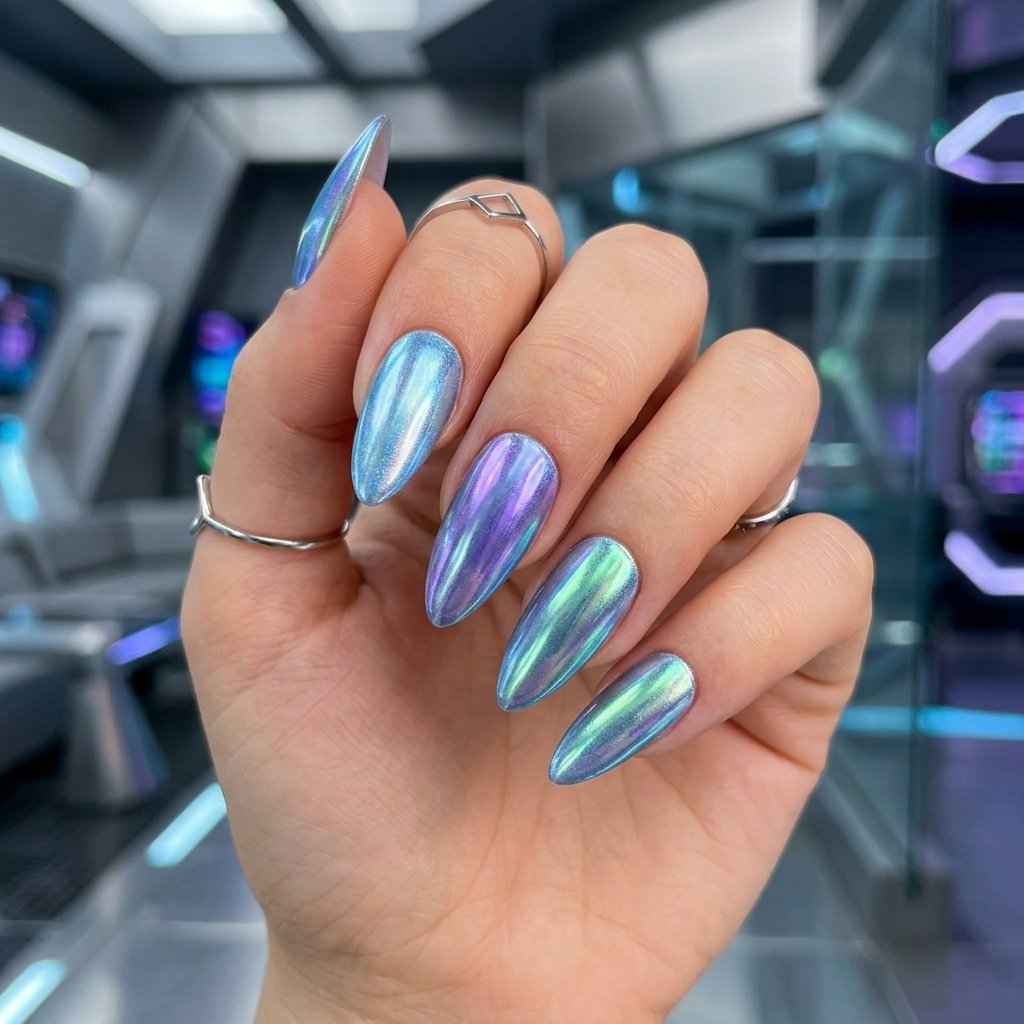 35 Stunning Light Blue Summer Nails Ideas for 2026 21 Iridescent Ice Blue Chrome Nails