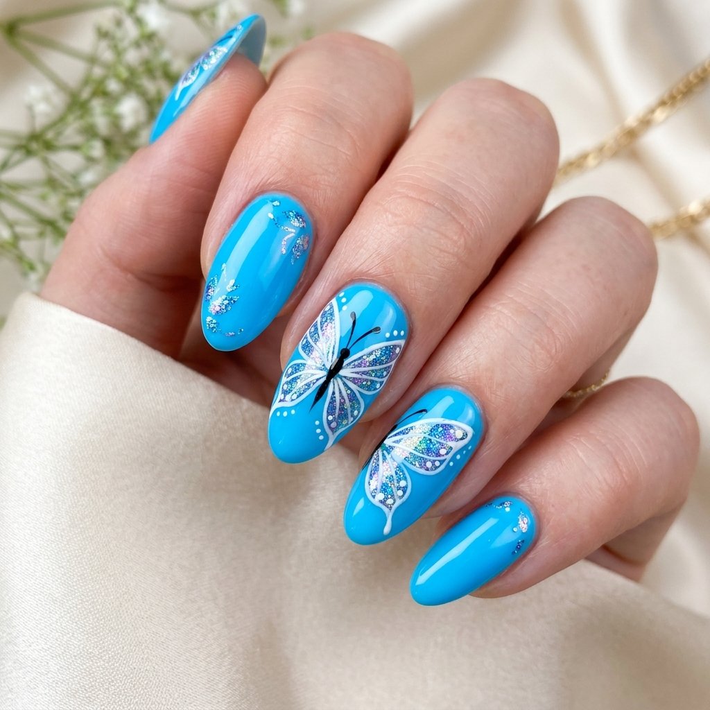 30 Gorgeous Neon Blue Nails Ideas You Will Actually Want to Wear 16 Neon Blue Butterfly Nails