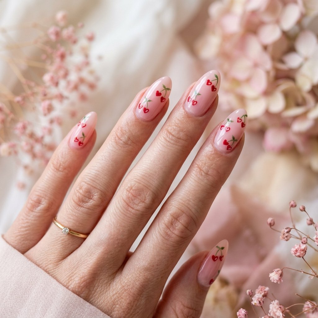 35 Cherry French Tip Nails Ideas You'll Want to Copy Right Now 9 Heart Shaped Cherry Details