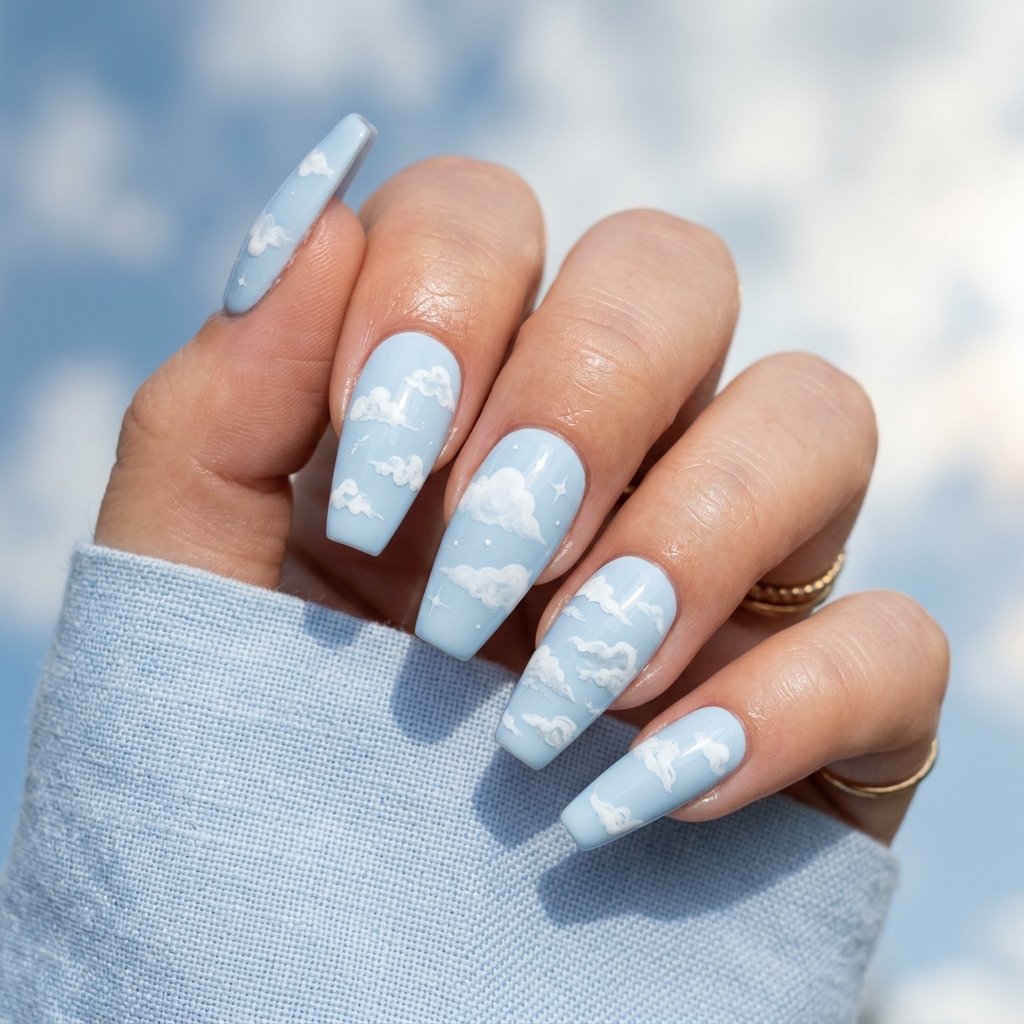 Baby Blue Coffin Acrylics with Clouds