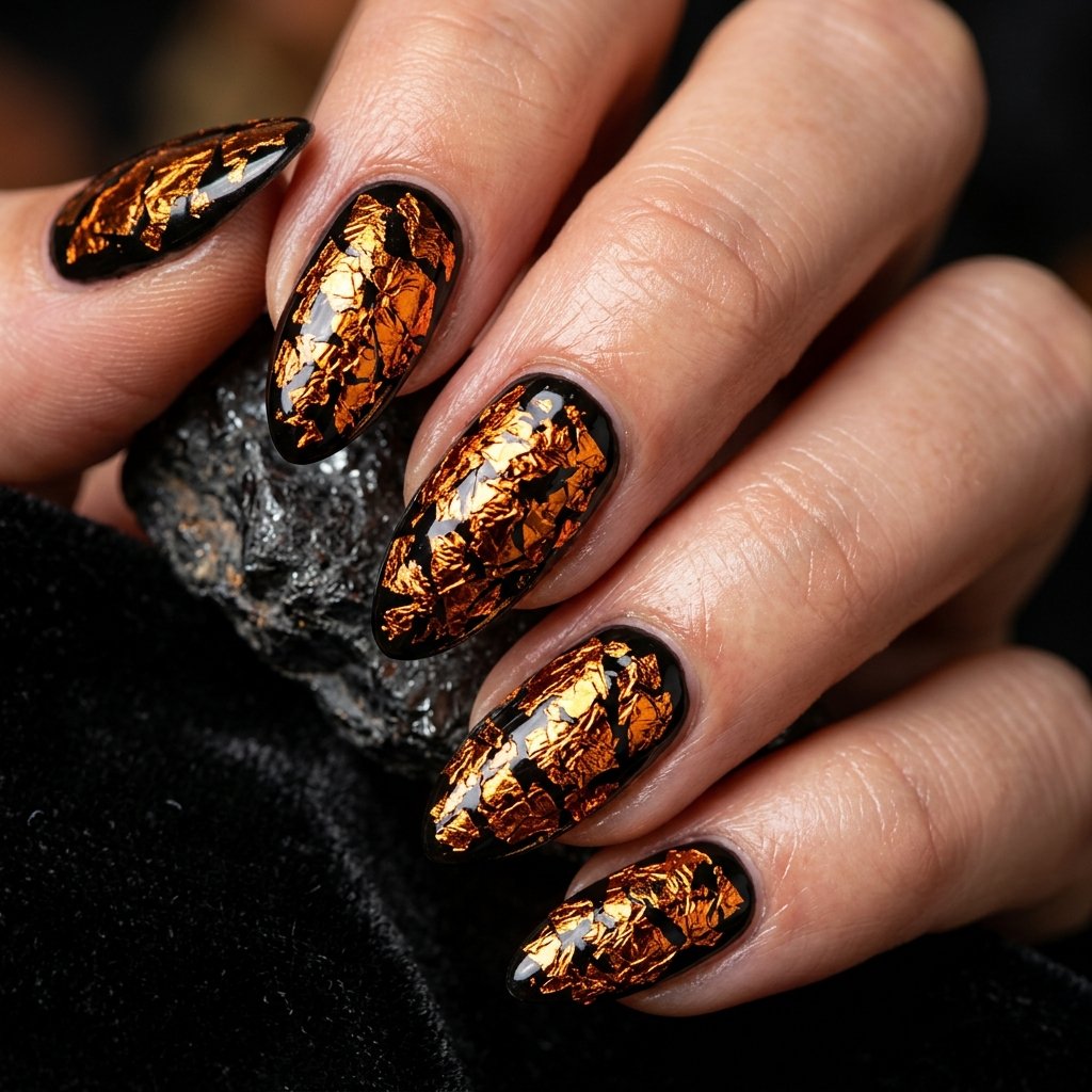 Black and Orange Foil Nails