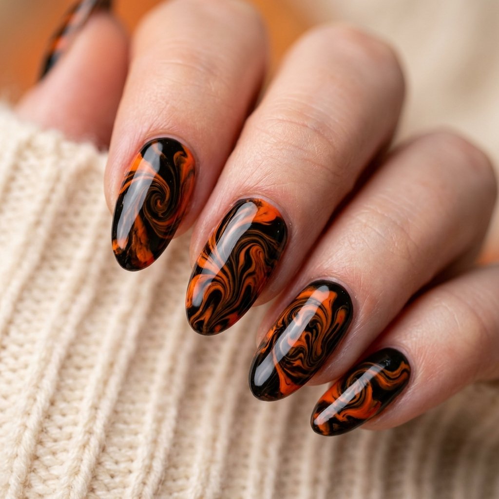 Black and Orange Swirl Nails