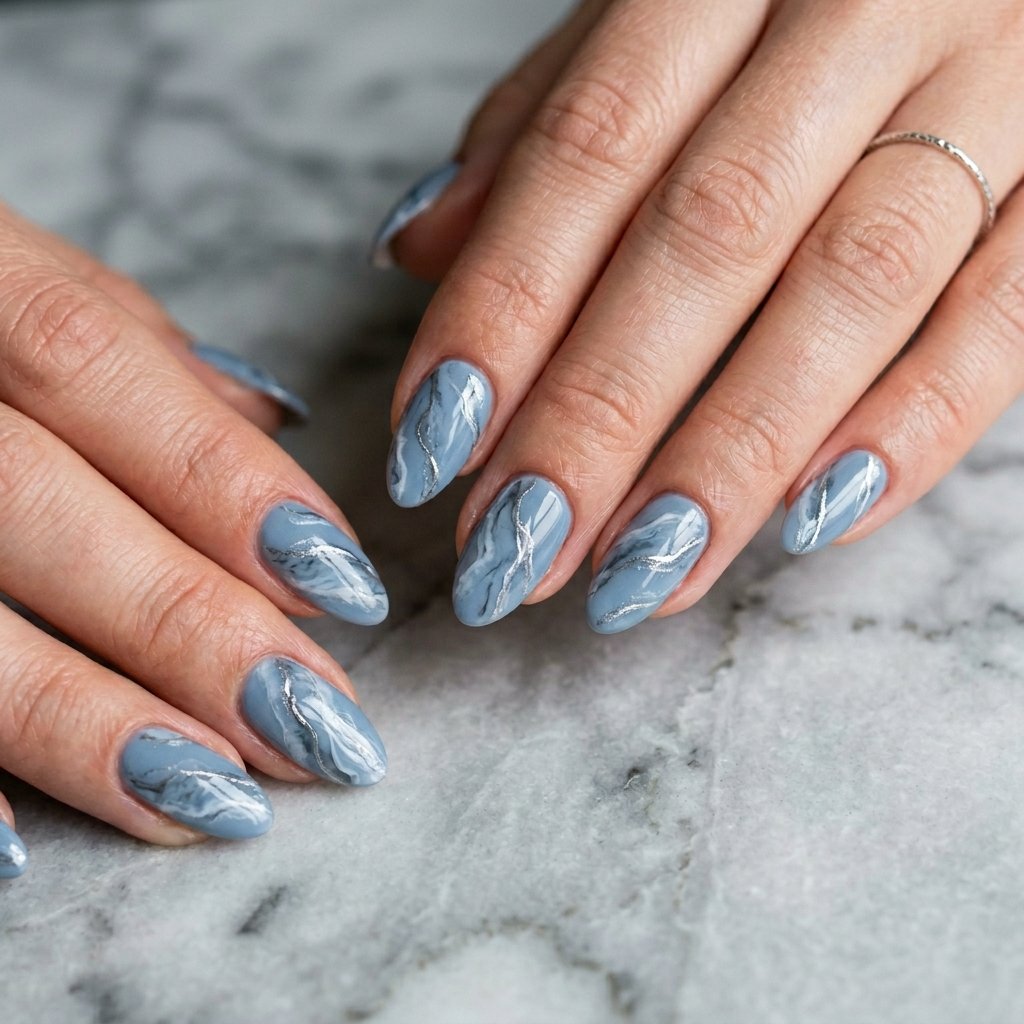 Blue and Silver Marble Nail Designs