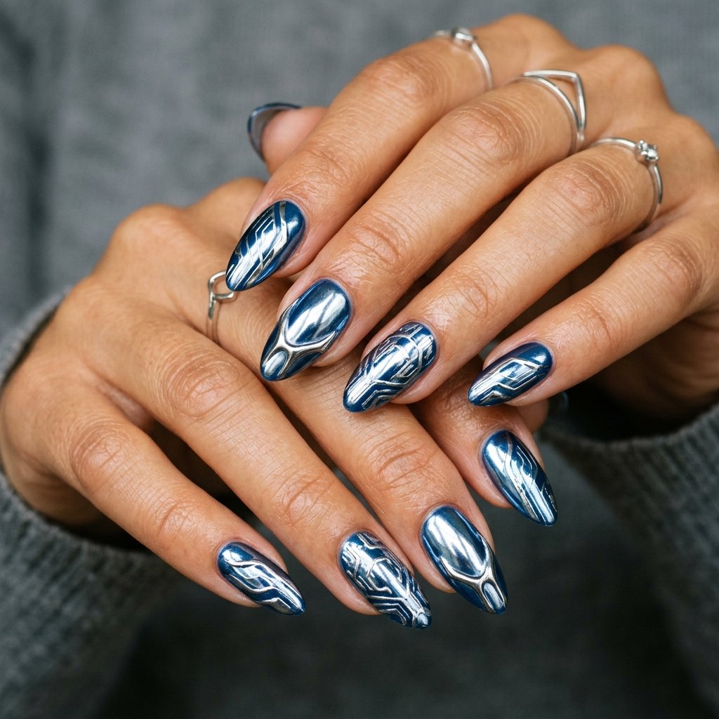 Blue and Silver Chrome Nail Designs