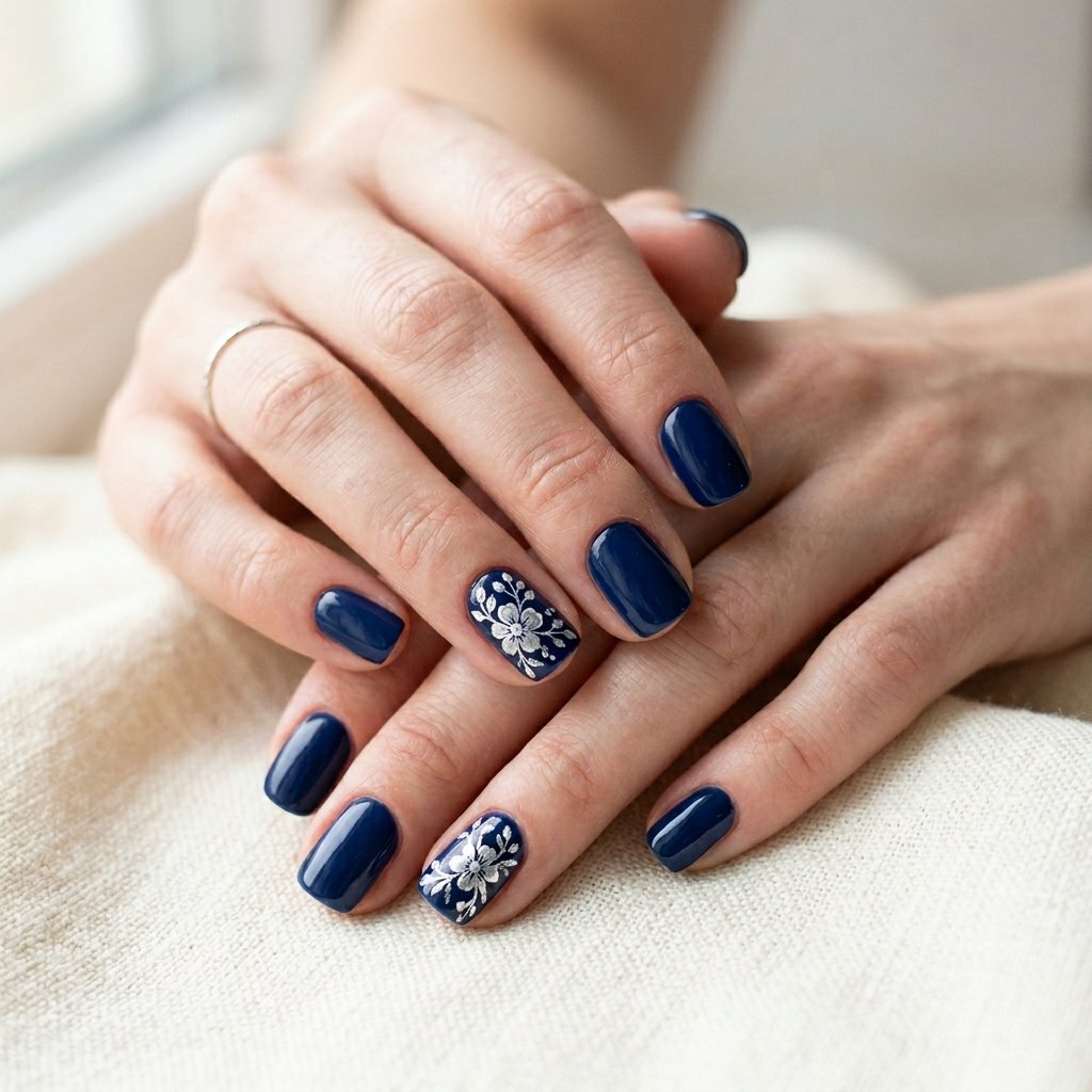Blue and Silver Floral Nail Designs