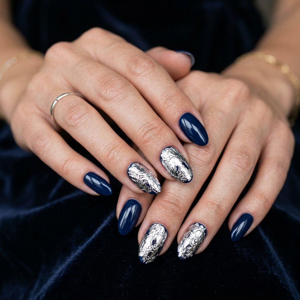 Blue and Silver Foil Nail Designs