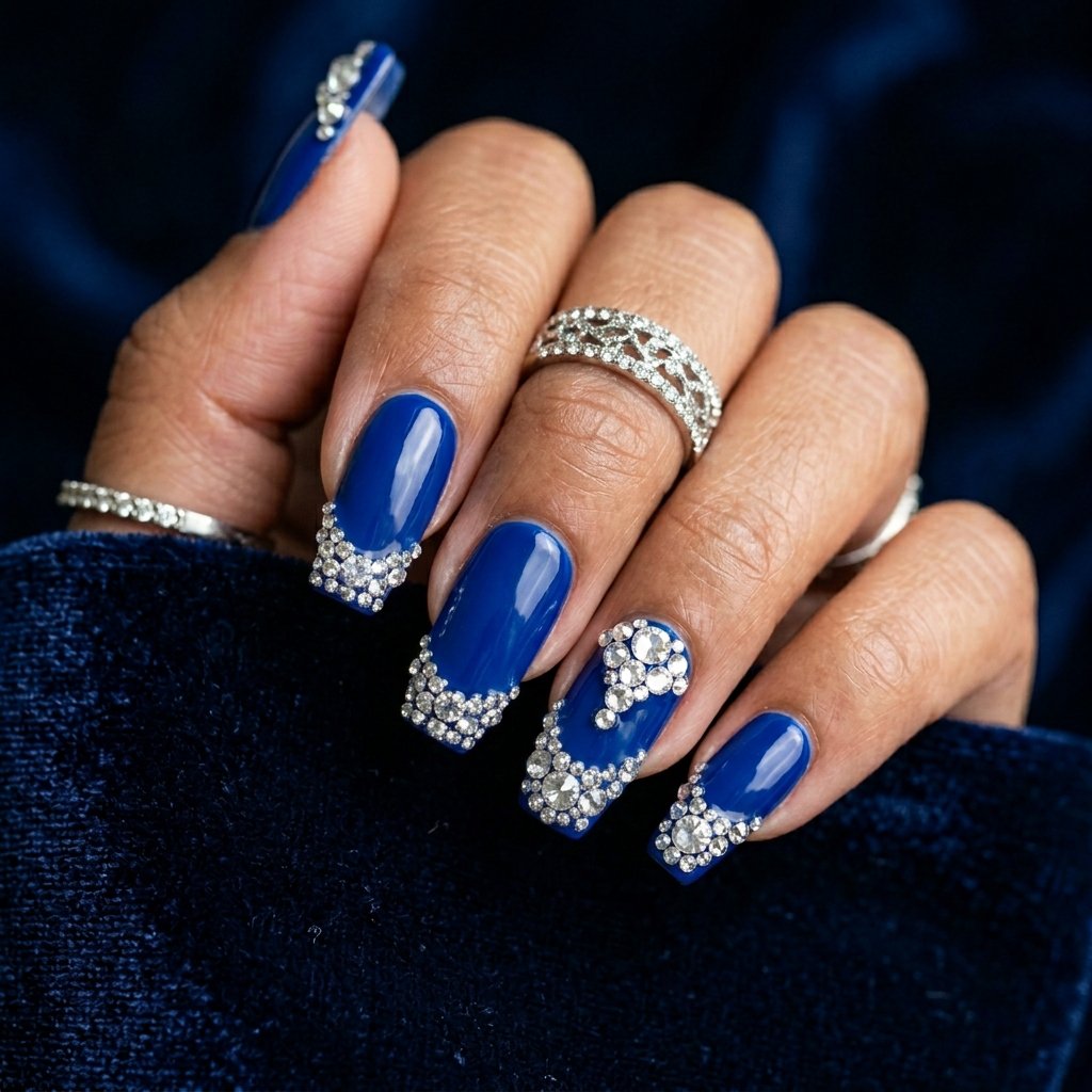 Blue and Silver Rhinestone Nail Designs