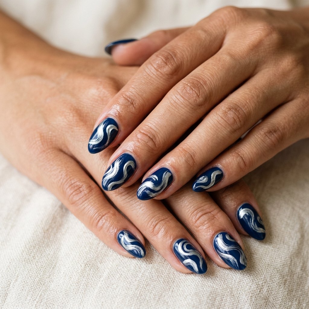 Blue and Silver Swirl Nail Designs