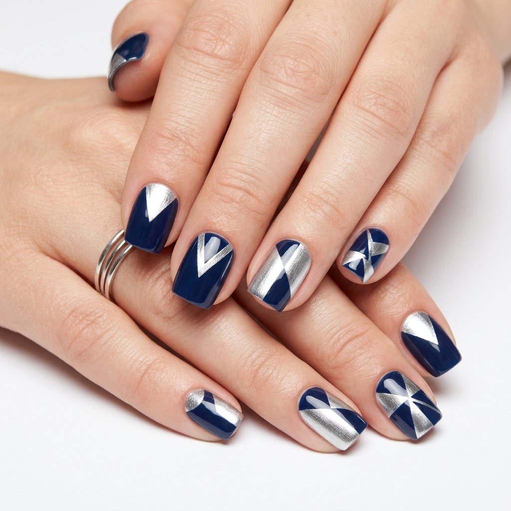 Blue and Silver Geometric Nail Designs