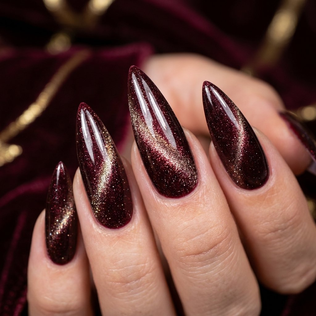 35 Stunning Red Sparkly Nails Ideas to Try for Pure Glamour 7 Burgundy Velvet Cat Eye Effect