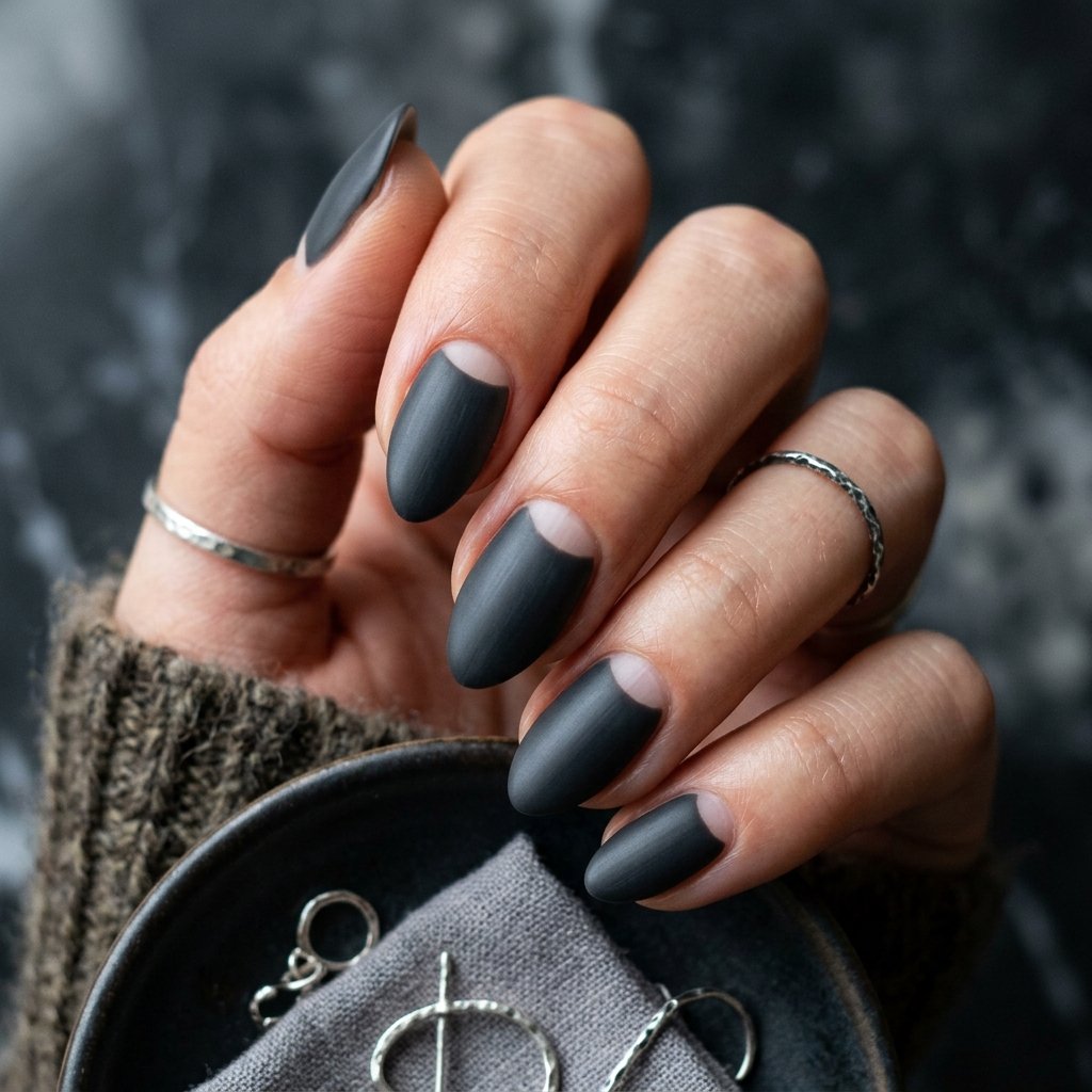 30 September Nails Ideas Perfect for Sweater Weather 15 Charcoal Gray Half Moons