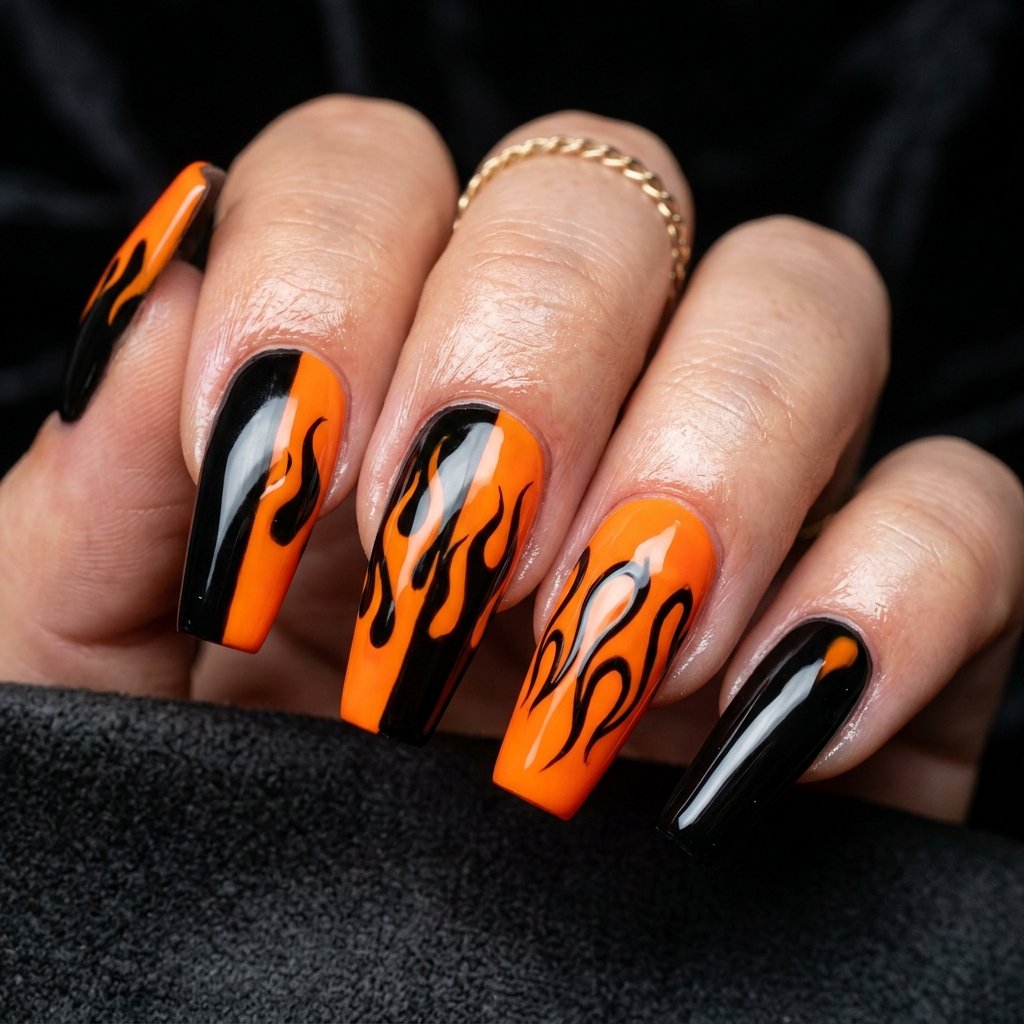 Coffin Black and Orange Nails