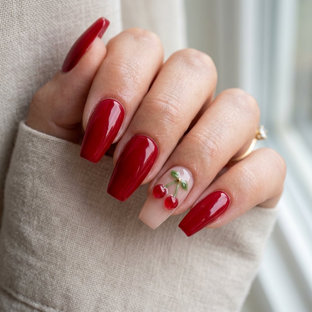 35 Cherry French Tip Nails Ideas You'll Want to Copy Right Now 4 3D Cherry Nail Art