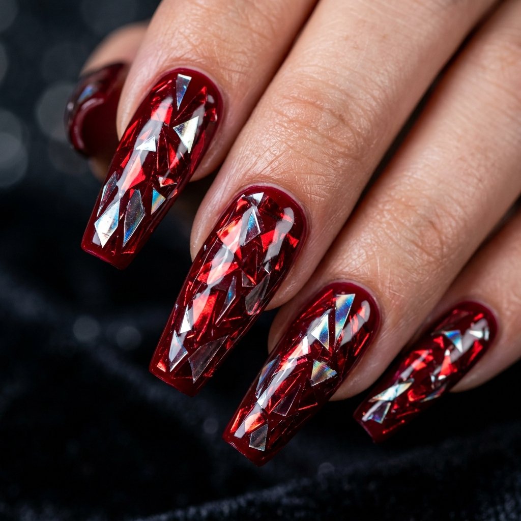 35 Stunning Red Sparkly Nails Ideas to Try for Pure Glamour 21 Blood Red Shattered Glass Effect