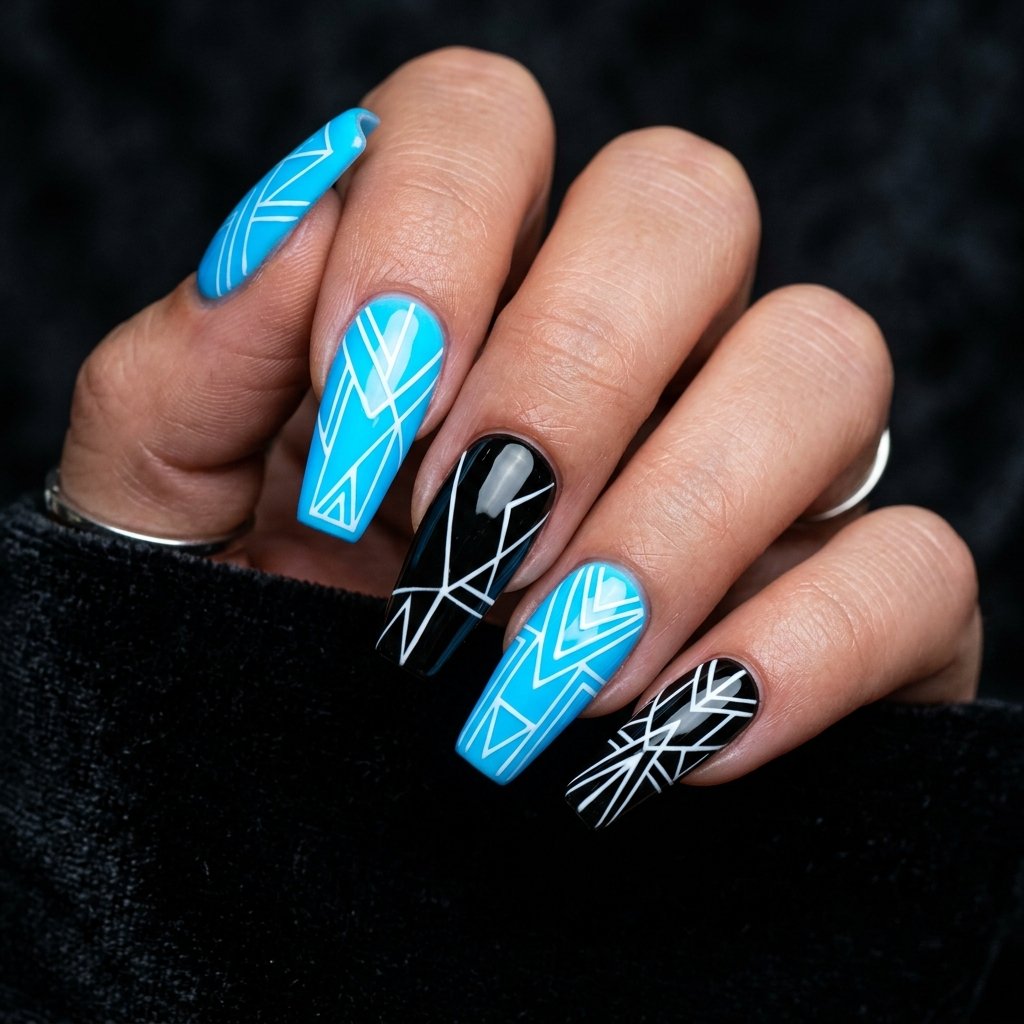 30 Gorgeous Neon Blue Nails Ideas You Will Actually Want to Wear 26 Neon Blue and Black Nails