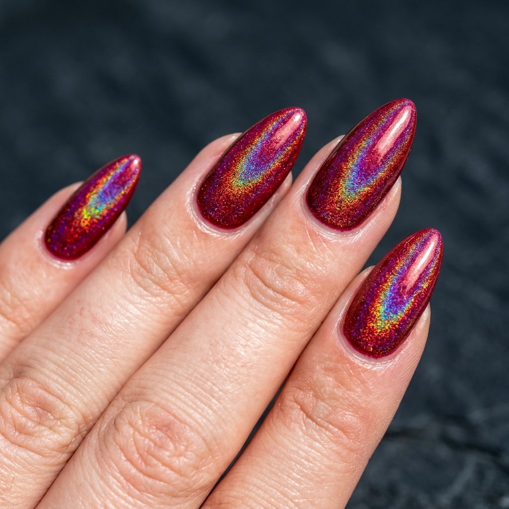 35 Stunning Red Sparkly Nails Ideas to Try for Pure Glamour 3 Crimson Holographic Shimmer