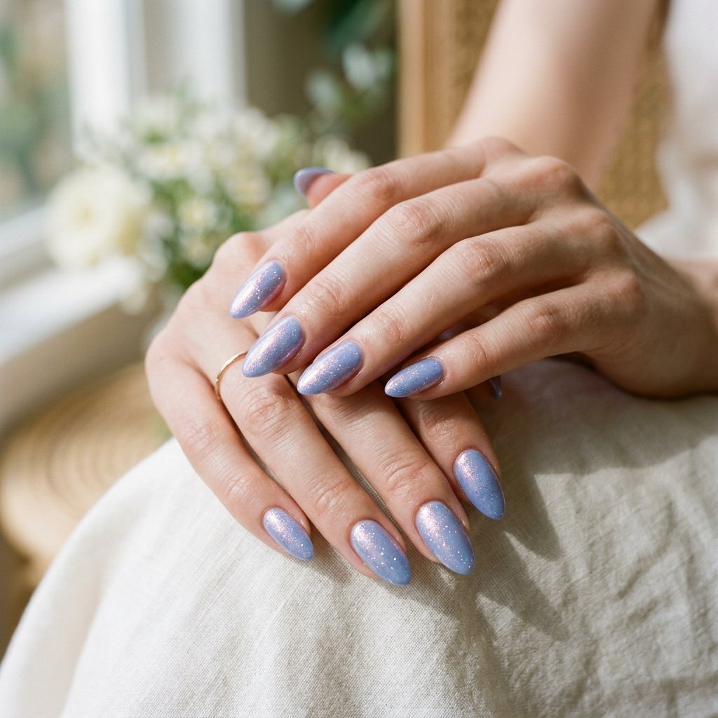 35 Stunning Light Blue Summer Nails Ideas for 2026 6 Shimmering Periwinkle Almond Nails