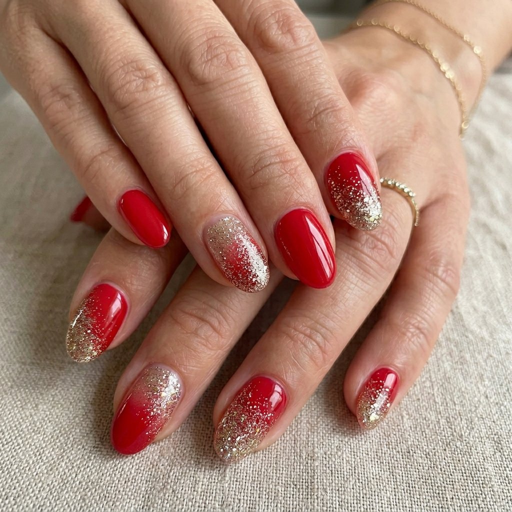 35 Stunning Red Sparkly Nails Ideas to Try for Pure Glamour 28 Scarlet Red Diagonal Glitter Fade