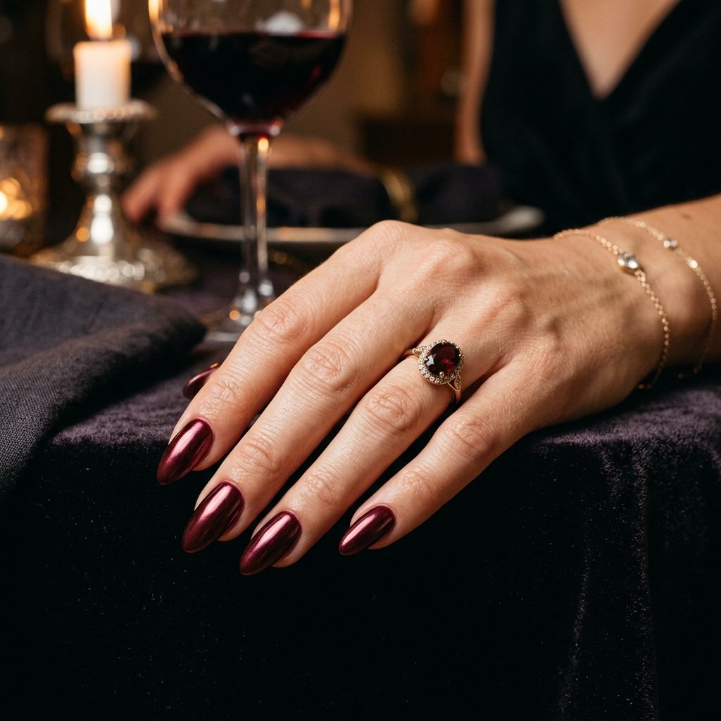 35 Gorgeous Chrome Christmas Nails Ideas to Try Now 19 Deep Wine Velvet Contrast