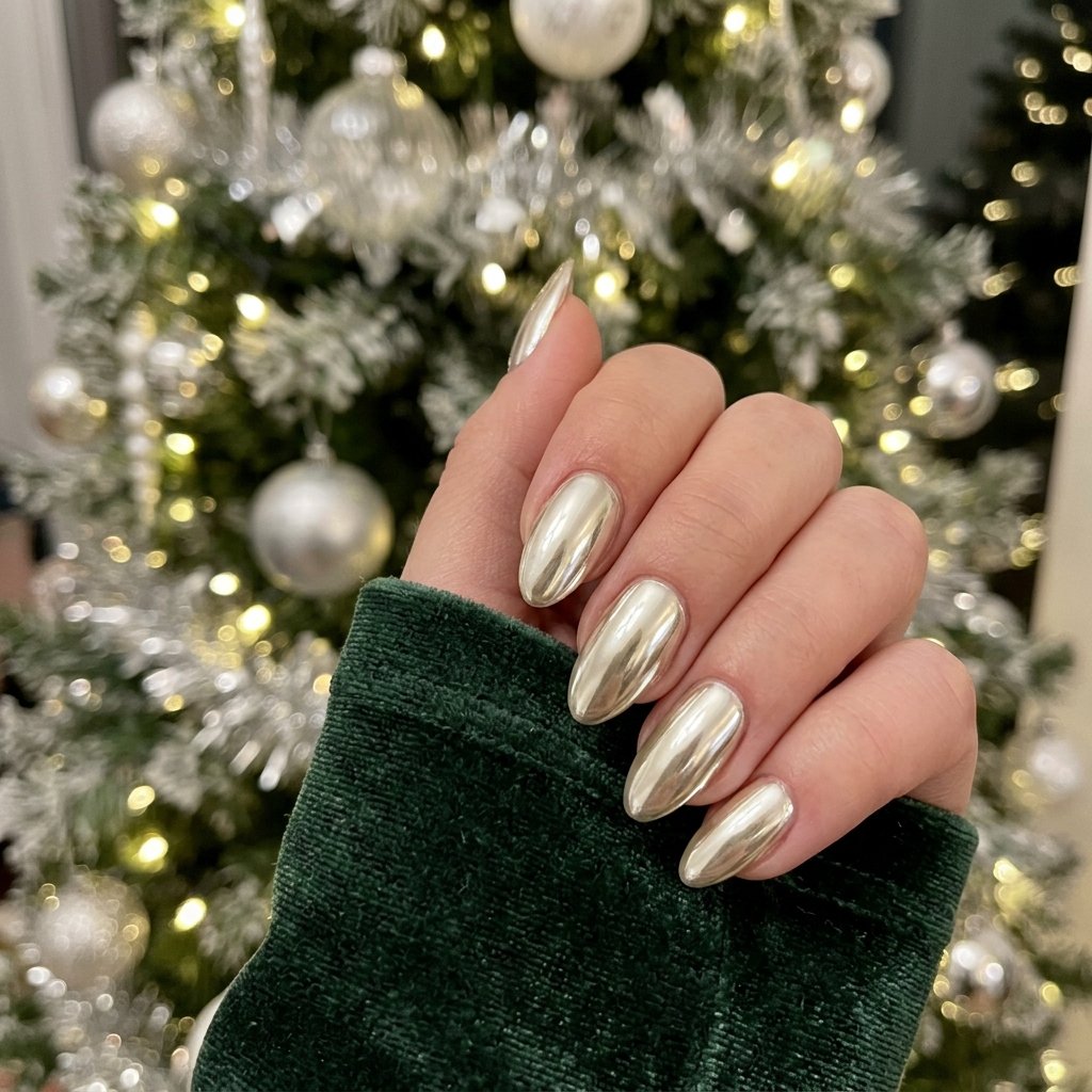 35 Gorgeous Chrome Christmas Nails Ideas to Try Now 20 Platinum Sparkle Garland Elegance