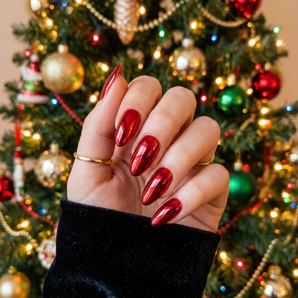 35 Gorgeous Chrome Christmas Nails Ideas to Try Now 2 Chrome Red Holiday Radiance