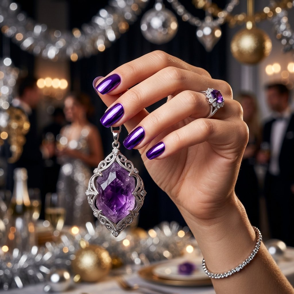 35 Gorgeous Chrome Christmas Nails Ideas to Try Now 28 Amethyst Festive Night Concept
