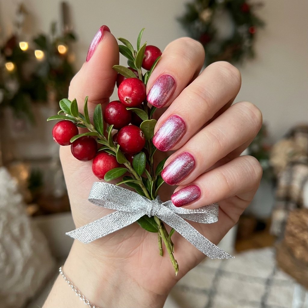 35 Gorgeous Chrome Christmas Nails Ideas to Try Now 24 Frosted Cranberry Metallic Sheen