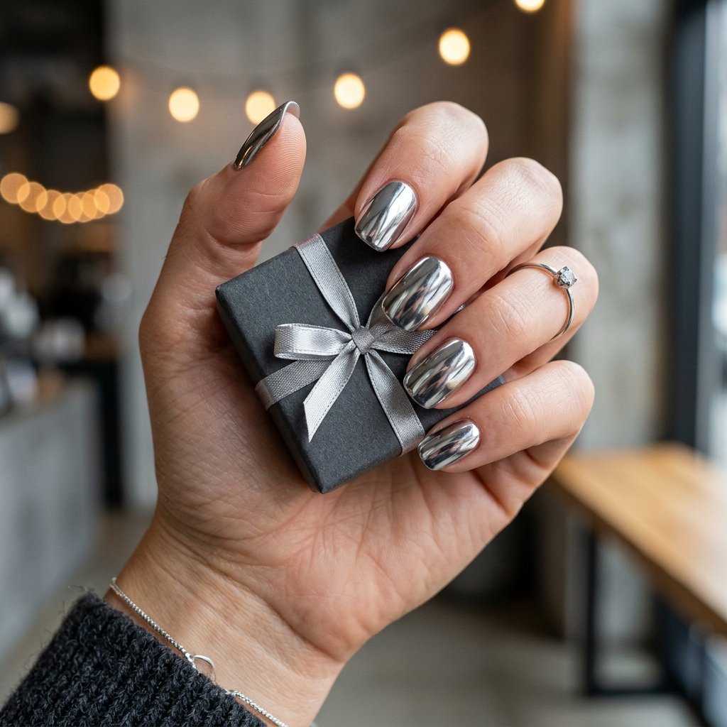 35 Gorgeous Chrome Christmas Nails Ideas to Try Now 33 Liquid Silver Ribbon Festive Bow