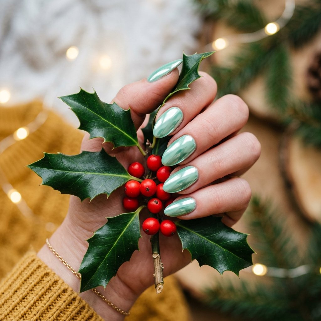 35 Gorgeous Chrome Christmas Nails Ideas to Try Now 18 Mint Green Mistletoe Vibes