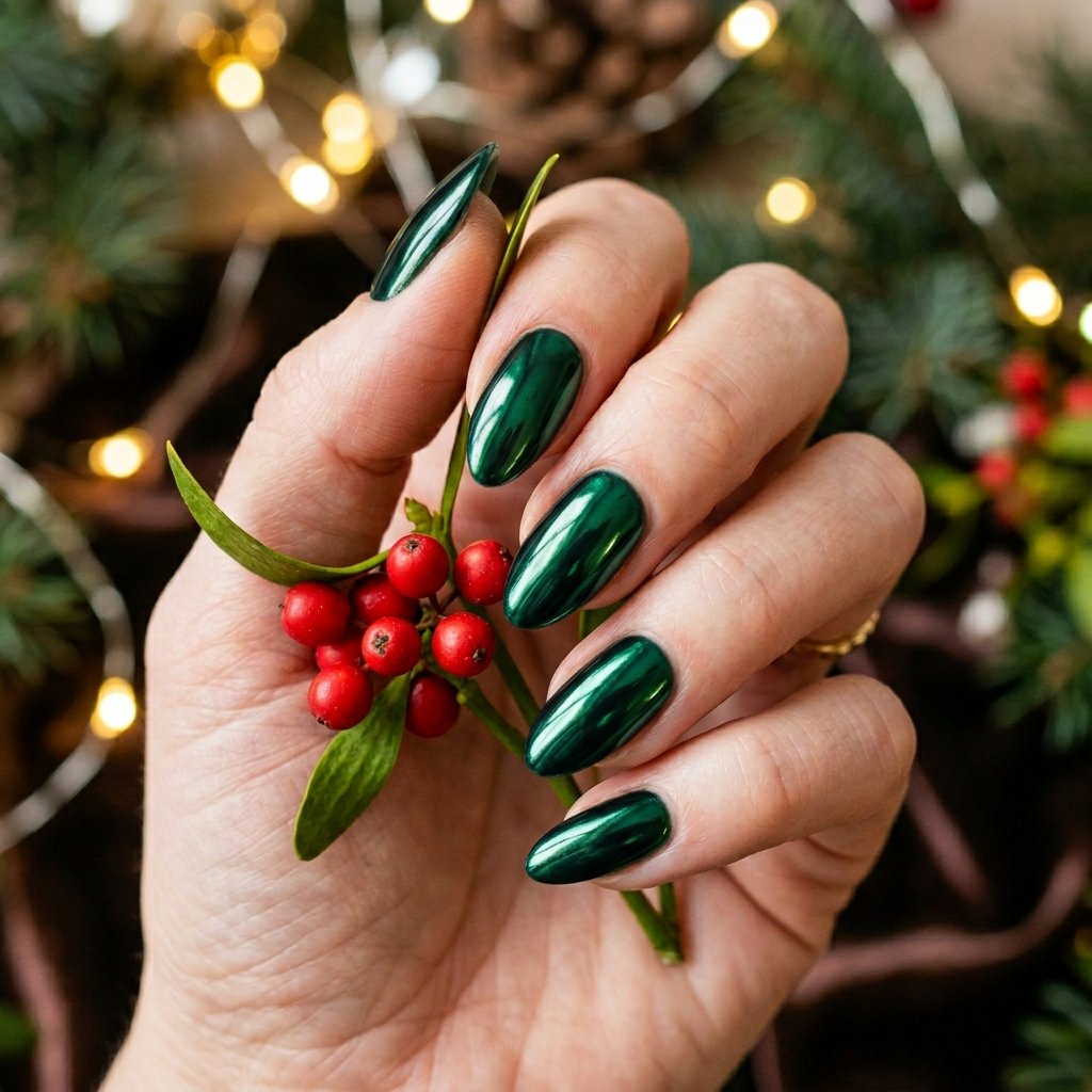 35 Gorgeous Chrome Christmas Nails Ideas to Try Now 4 Emerald Green Metallic Magic
