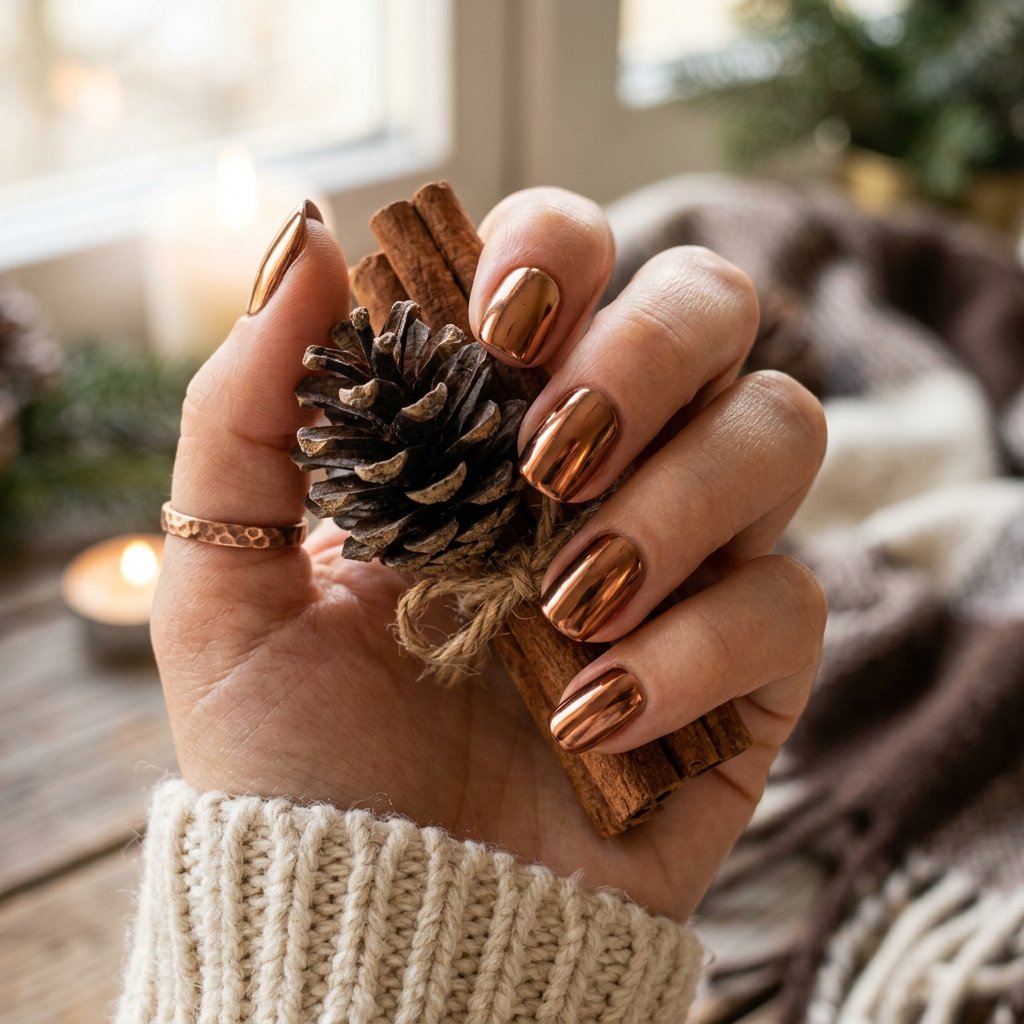35 Gorgeous Chrome Christmas Nails Ideas to Try Now 15 Copper Pinecone Cozy Elegance