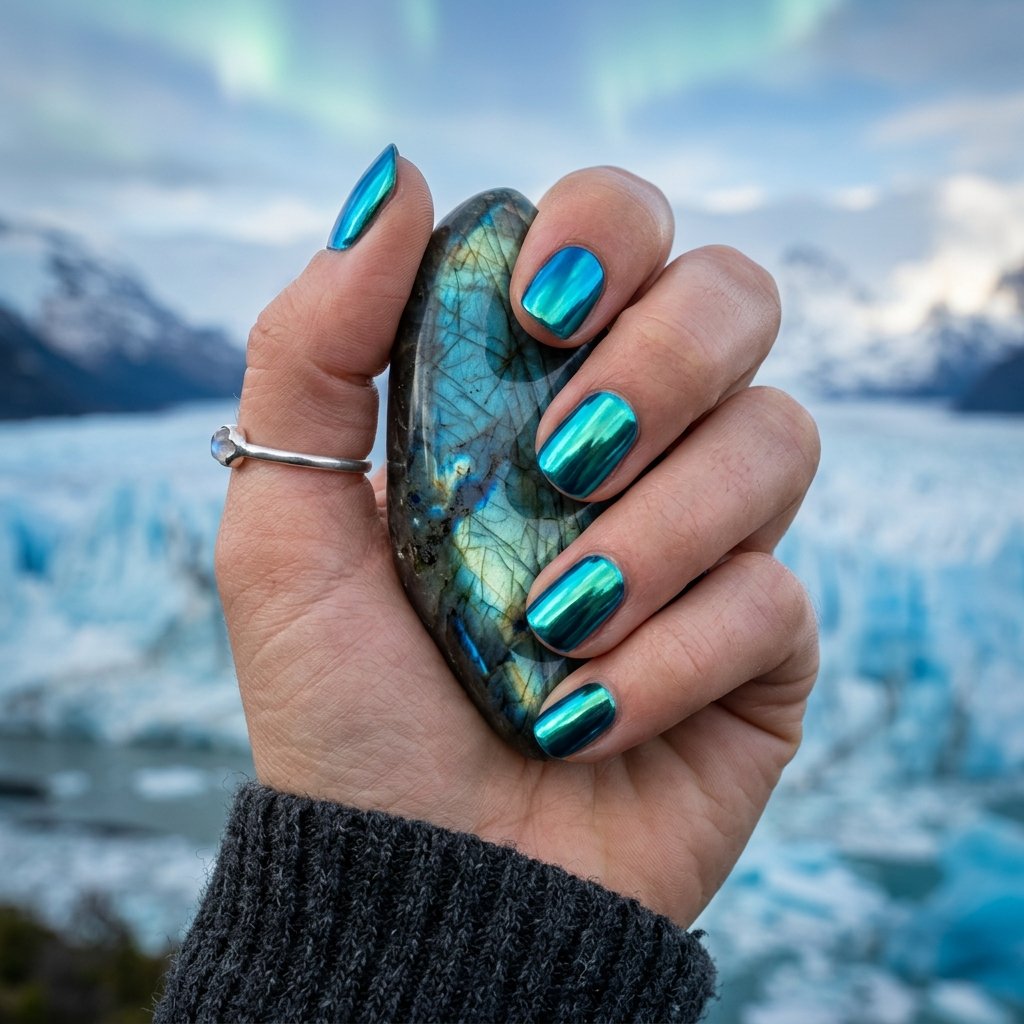 35 Gorgeous Chrome Christmas Nails Ideas to Try Now 32 Teal Arctic Wonder Look