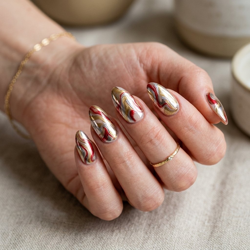 35 Gorgeous Chrome Christmas Nails Ideas to Try Now 34 Marbled Festive Abstract Art
