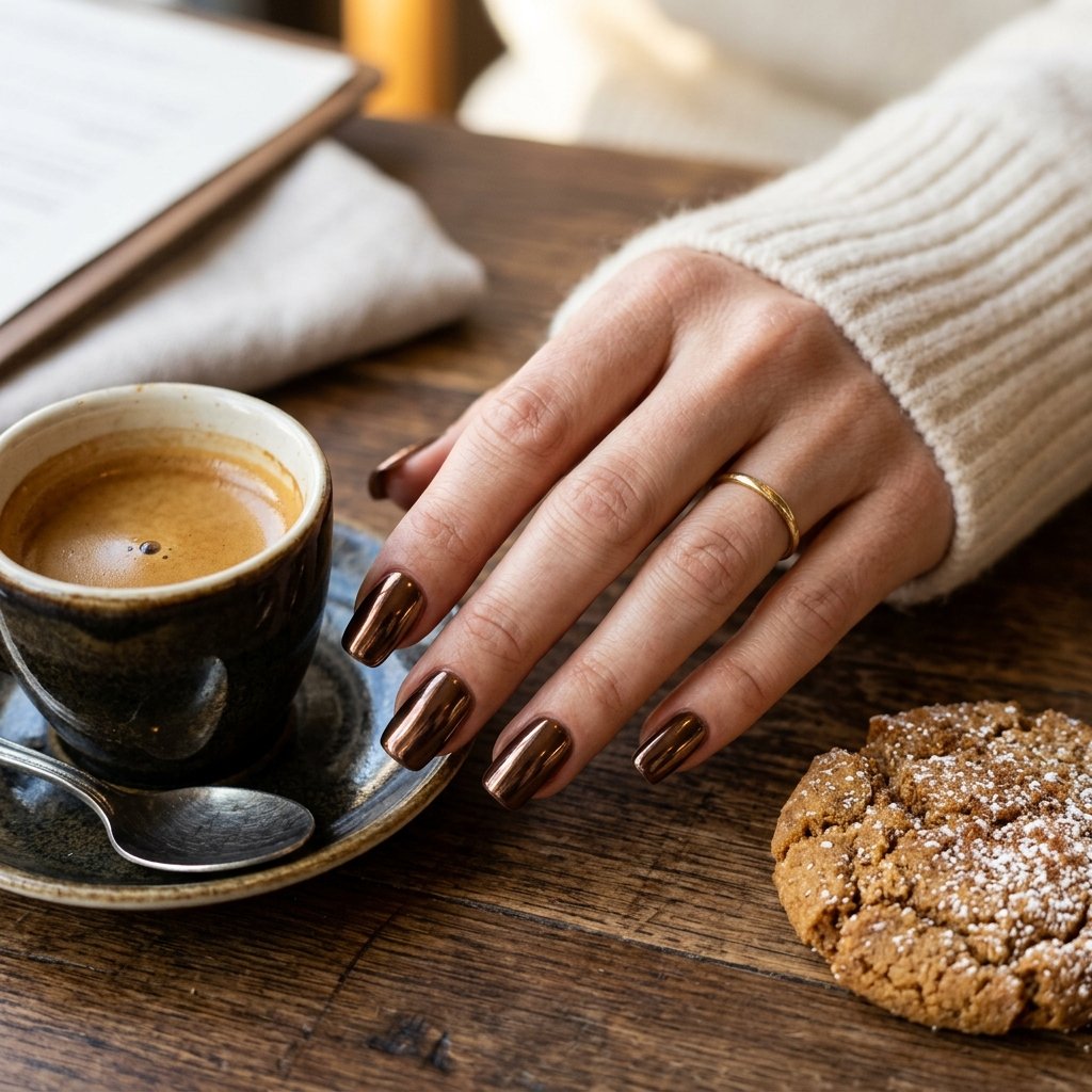 35 Gorgeous Chrome Christmas Nails Ideas to Try Now 31 Metallic Espresso Gingerbread Swirl