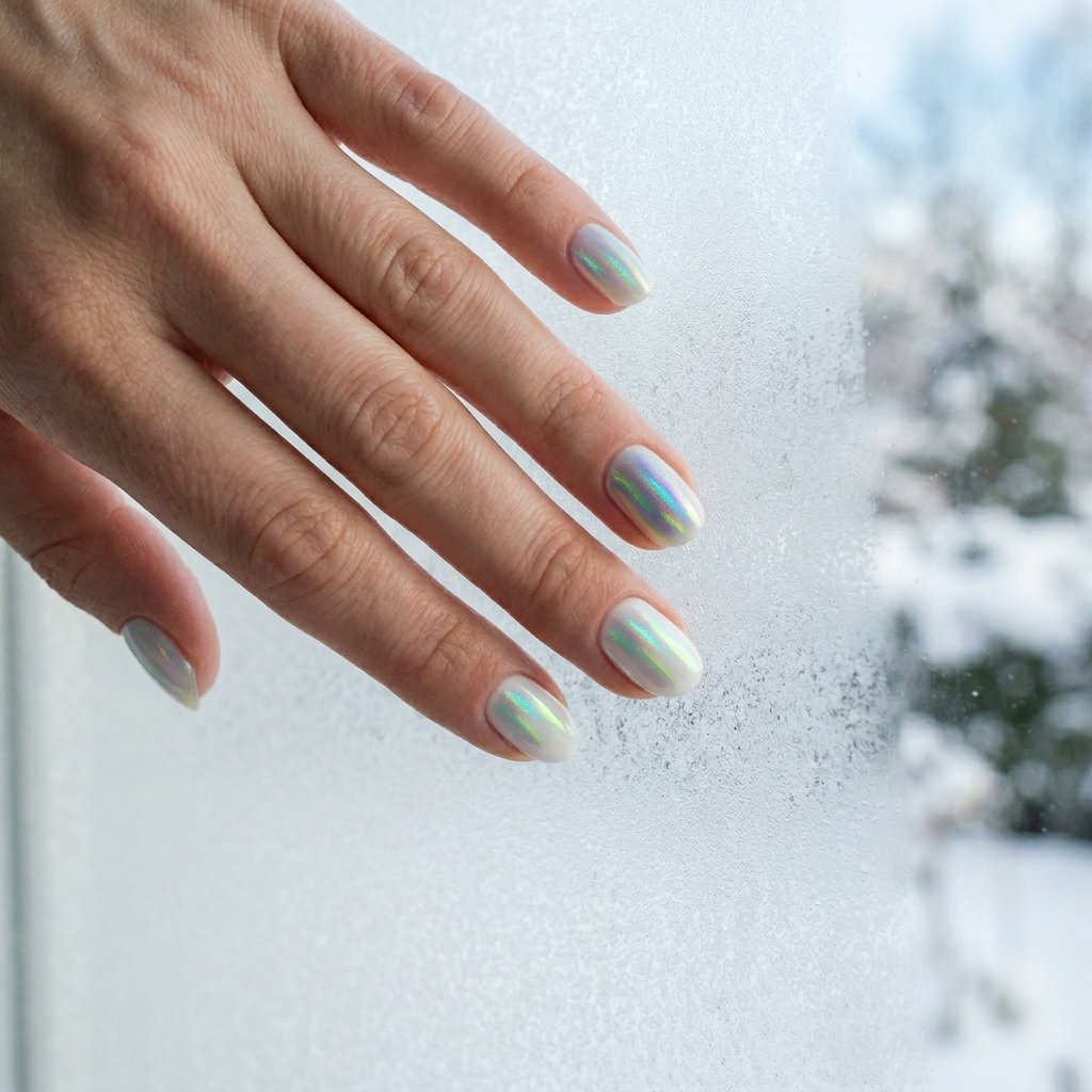 35 Gorgeous Chrome Christmas Nails Ideas to Try Now 9 Pearlescent Snowflake Accent