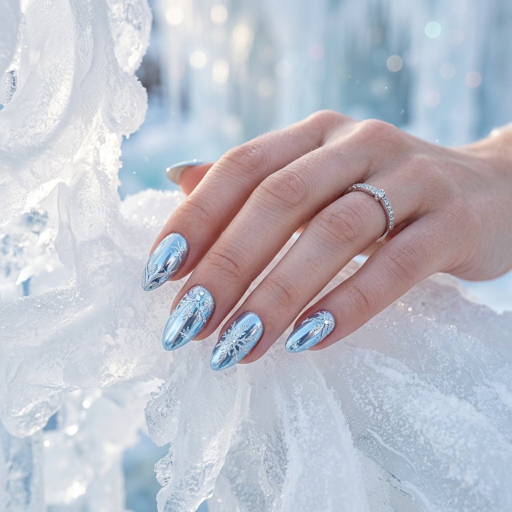35 Gorgeous Chrome Christmas Nails Ideas to Try Now 17 Ice Blue Metallic Frostwork