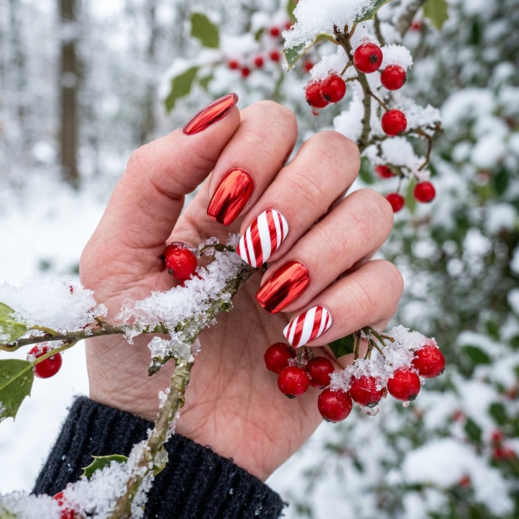 35 Gorgeous Chrome Christmas Nails Ideas to Try Now 7 Candy Cane Metallic Stripes