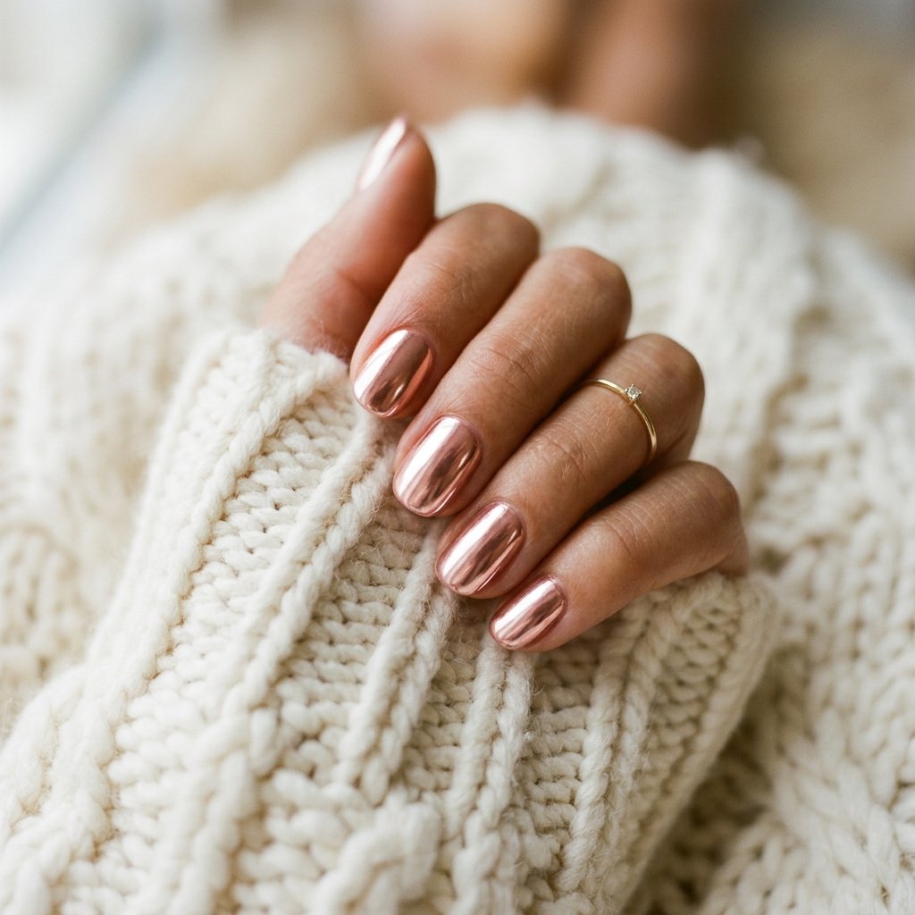 35 Gorgeous Chrome Christmas Nails Ideas to Try Now 5 Rose Gold Festive Shimmer