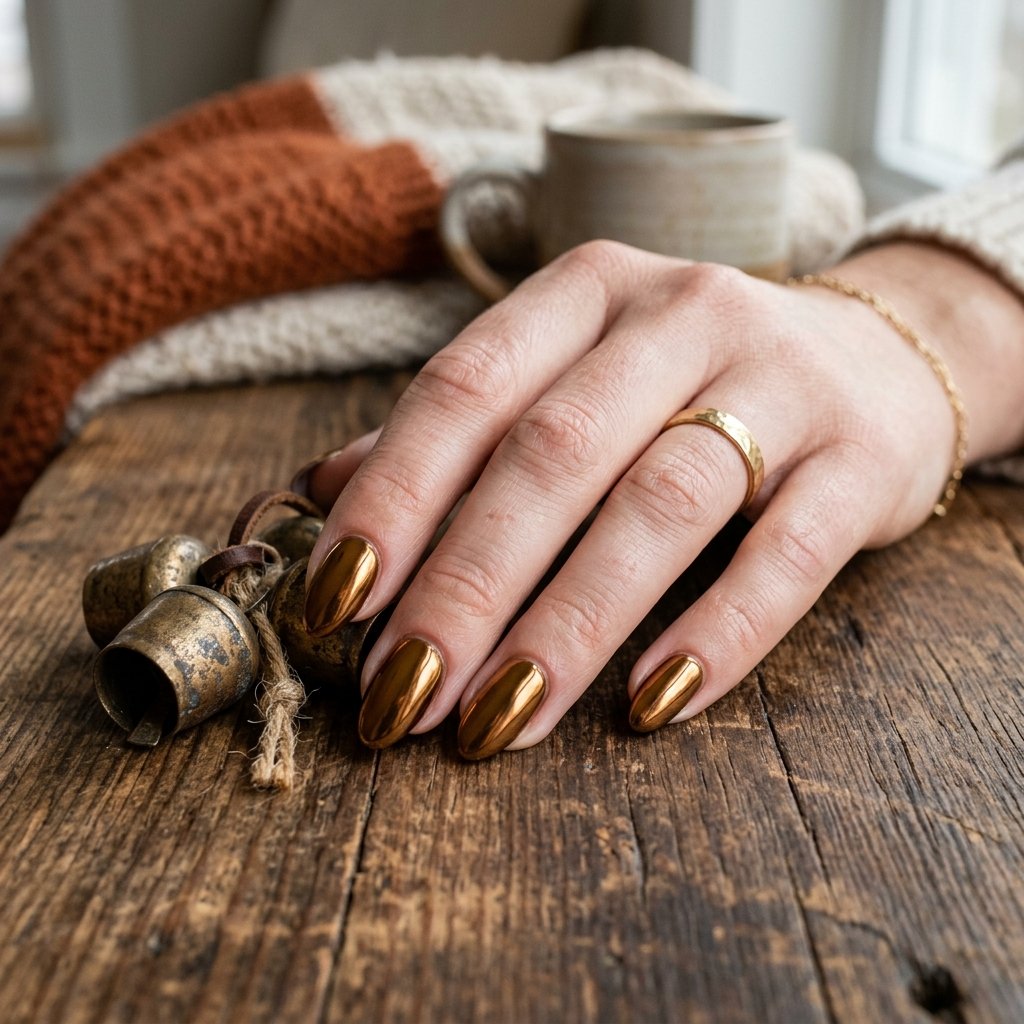 35 Gorgeous Chrome Christmas Nails Ideas to Try Now 27 Bronze Bell Warm Radiance