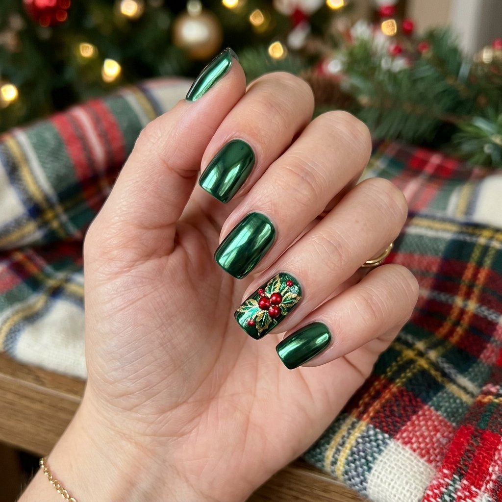 35 Gorgeous Chrome Christmas Nails Ideas to Try Now 22 Metallic Holly Berry Accent Style