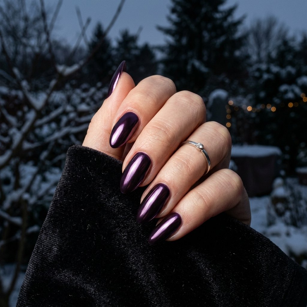 35 Gorgeous Chrome Christmas Nails Ideas to Try Now 13 Plum Winter Wonderland Style