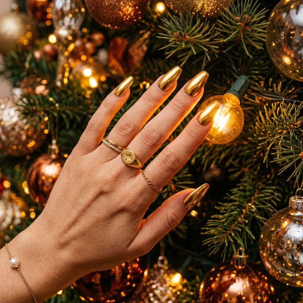 35 Gorgeous Chrome Christmas Nails Ideas to Try Now 23 Golden Tinsel Reflective Statement