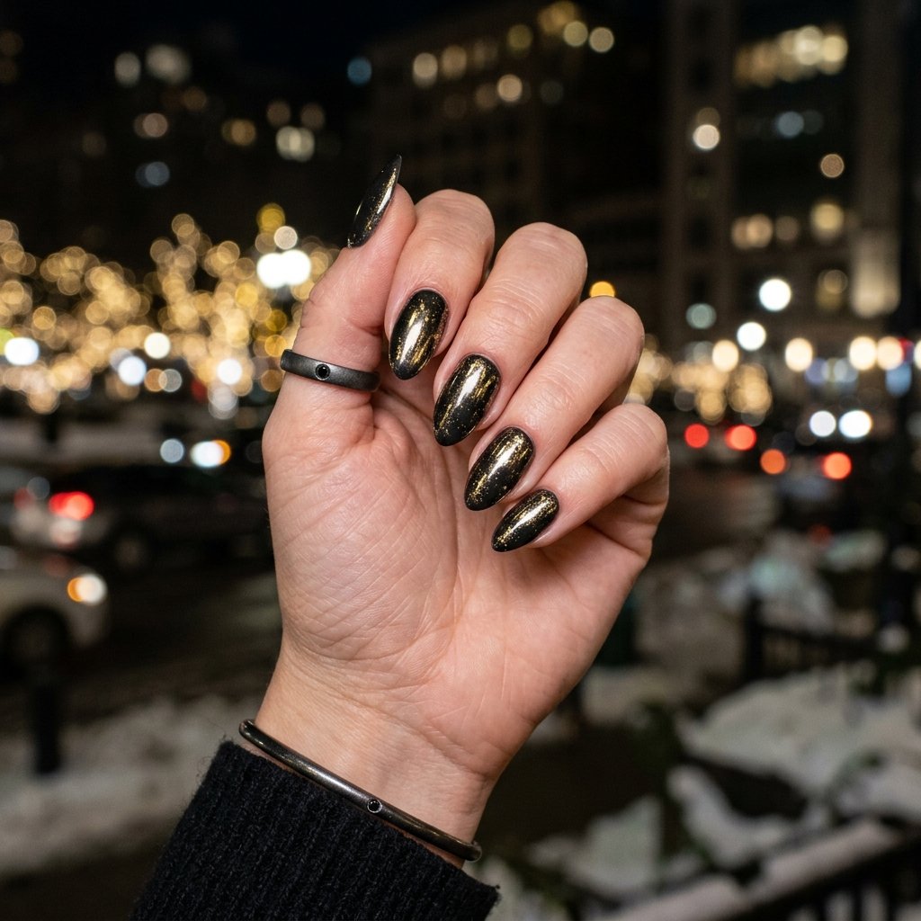 35 Gorgeous Chrome Christmas Nails Ideas to Try Now 36 Gilded Charcoal Onyx Holiday Glamour